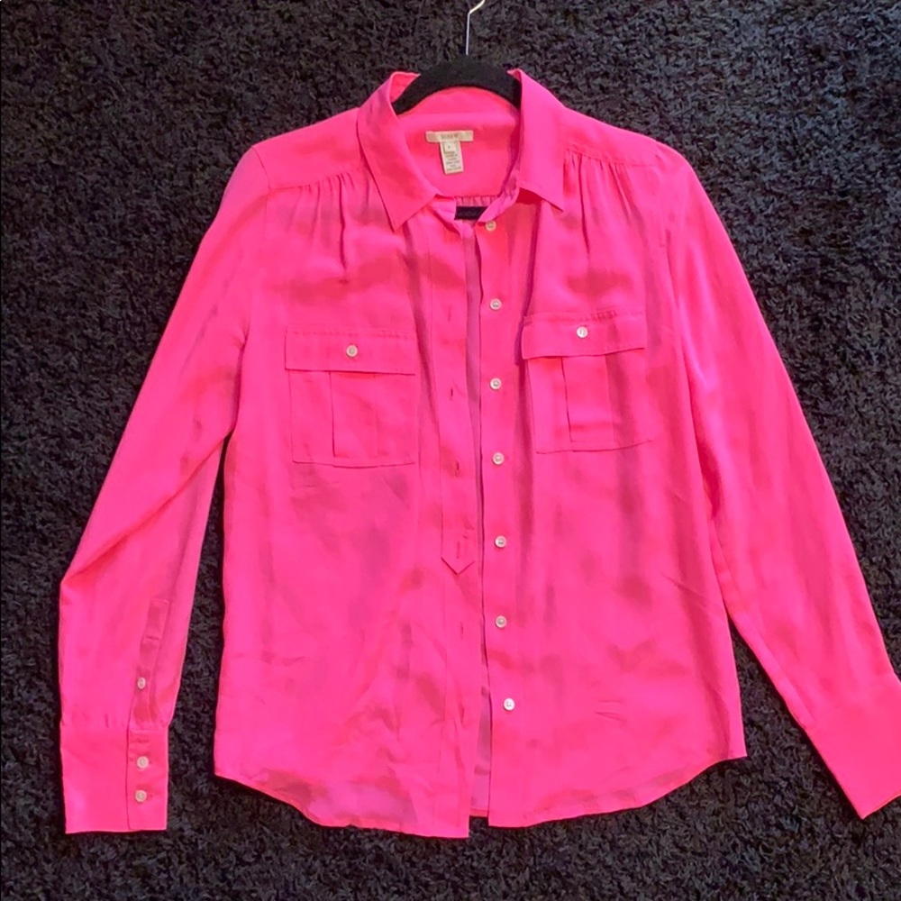 Neon Pink 100% Silk Button Down Shirt - J. Crew